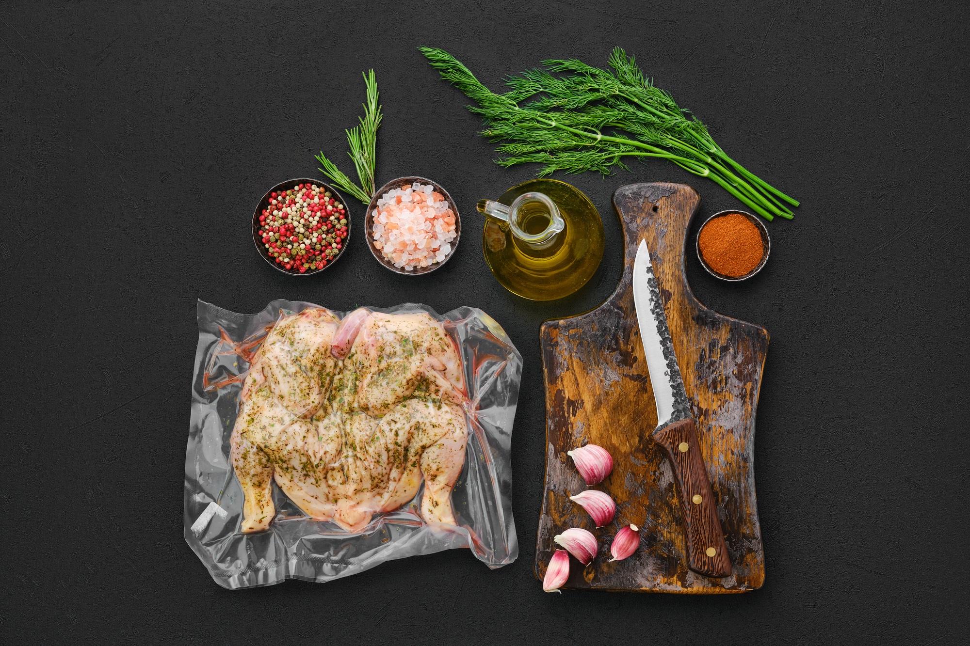Tobacco chicken and spice in vacuum packaging